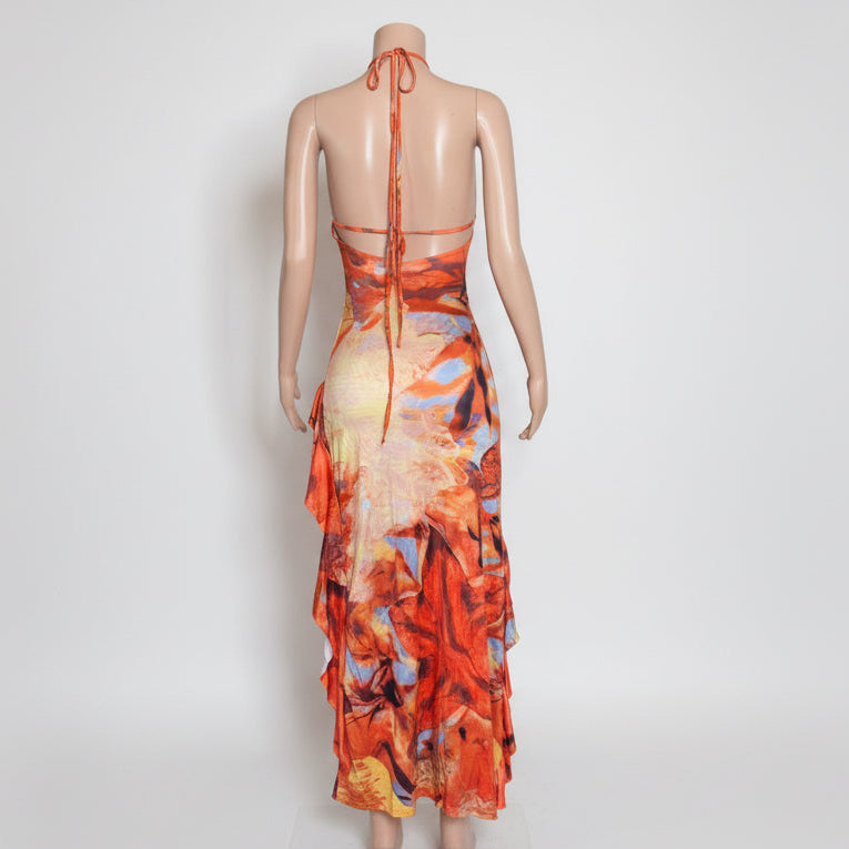 Halter Backless Ruffle Lace Up Maxi Dress