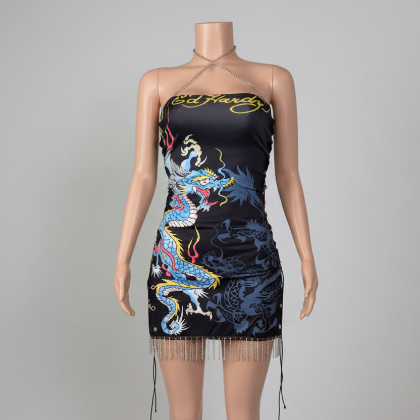 Metal Chain Halter Printed Split Hem Mini Dress