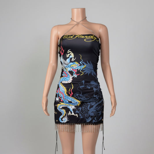 Metal Chain Halter Printed Split Hem Mini Dress