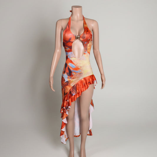 Halter Backless Ruffle Lace Up Maxi Dress