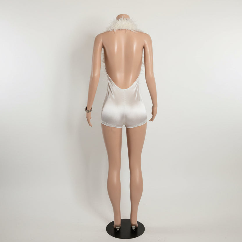 Feather Backless Halter Deep V-Neck Romper