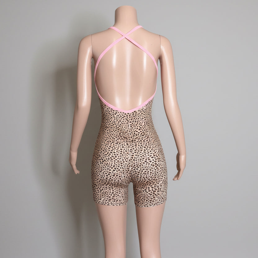 Leopard Wrap Backless Lace Up Rompers