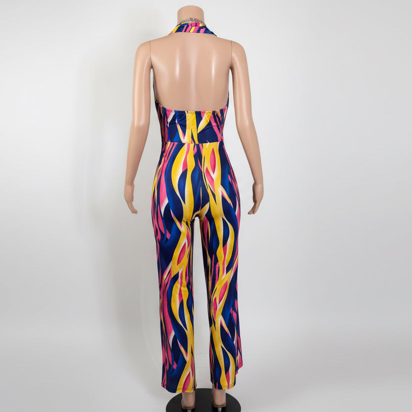 Colorblock Deep V-Neck Halter Backless Jumpsuit