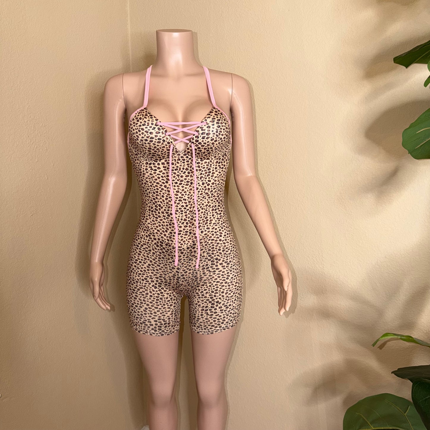 Leopard Wrap Backless Lace Up Rompers