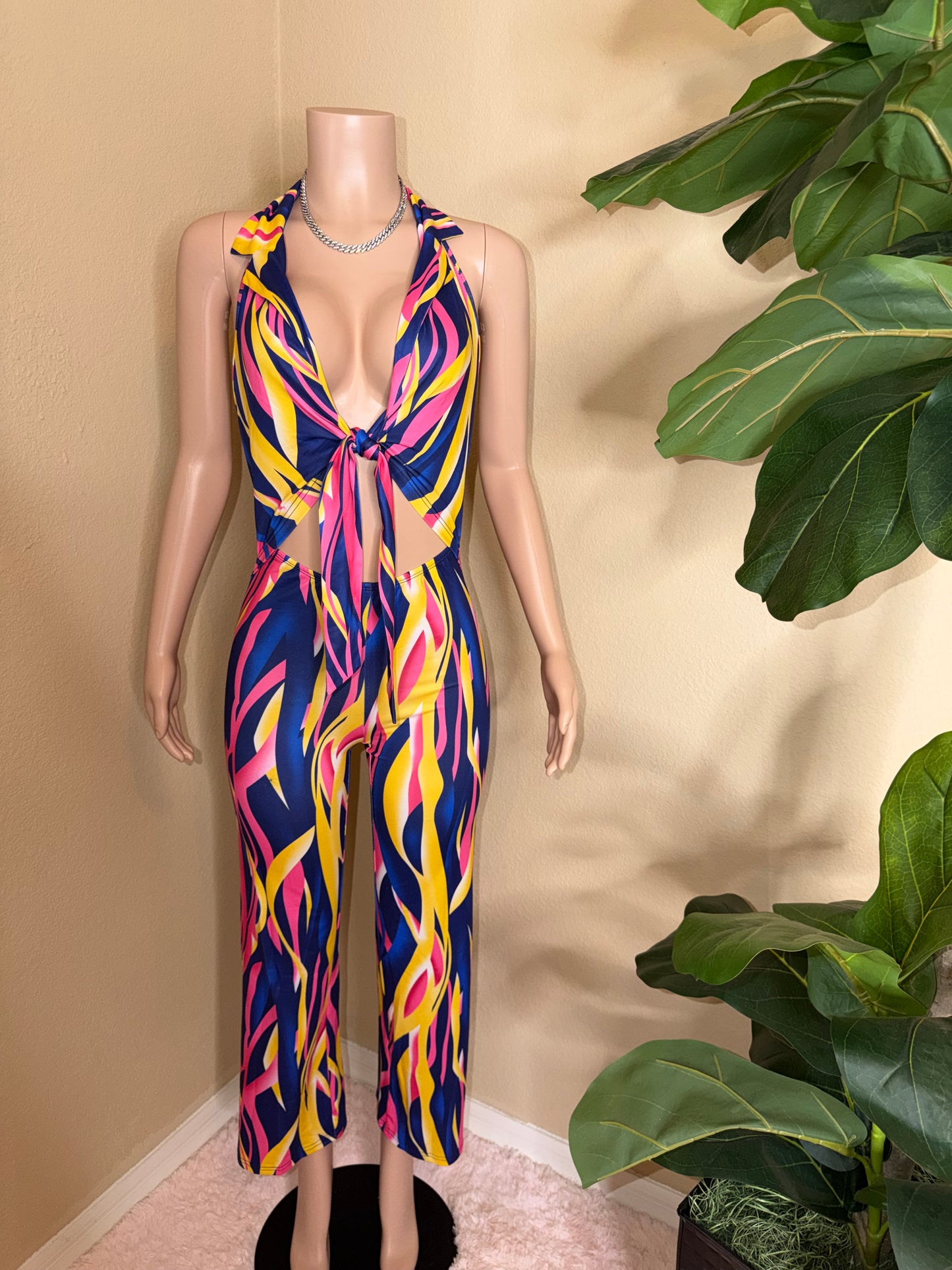 Colorblock Deep V-Neck Halter Backless Jumpsuit