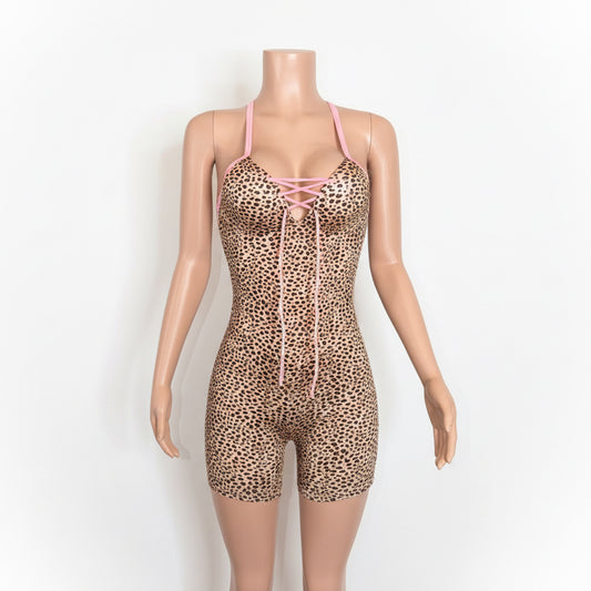 Leopard Wrap Backless Lace Up Rompers