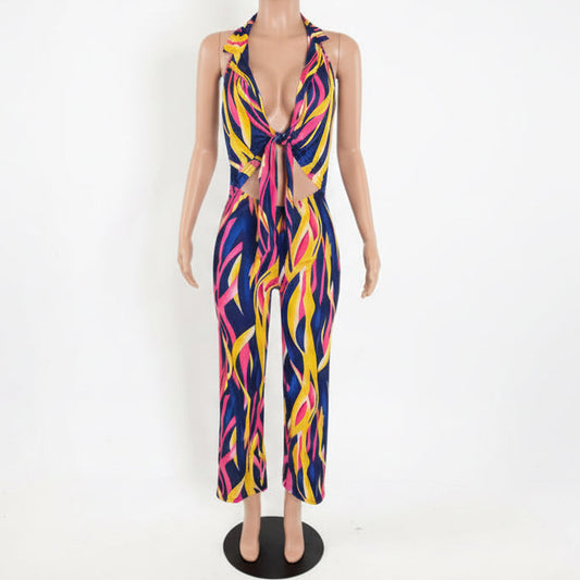 Colorblock Deep V-Neck Halter Backless Jumpsuit