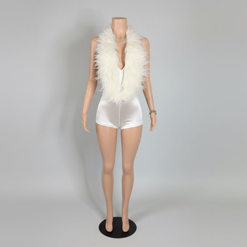 Feather Backless Halter Deep V-Neck Romper