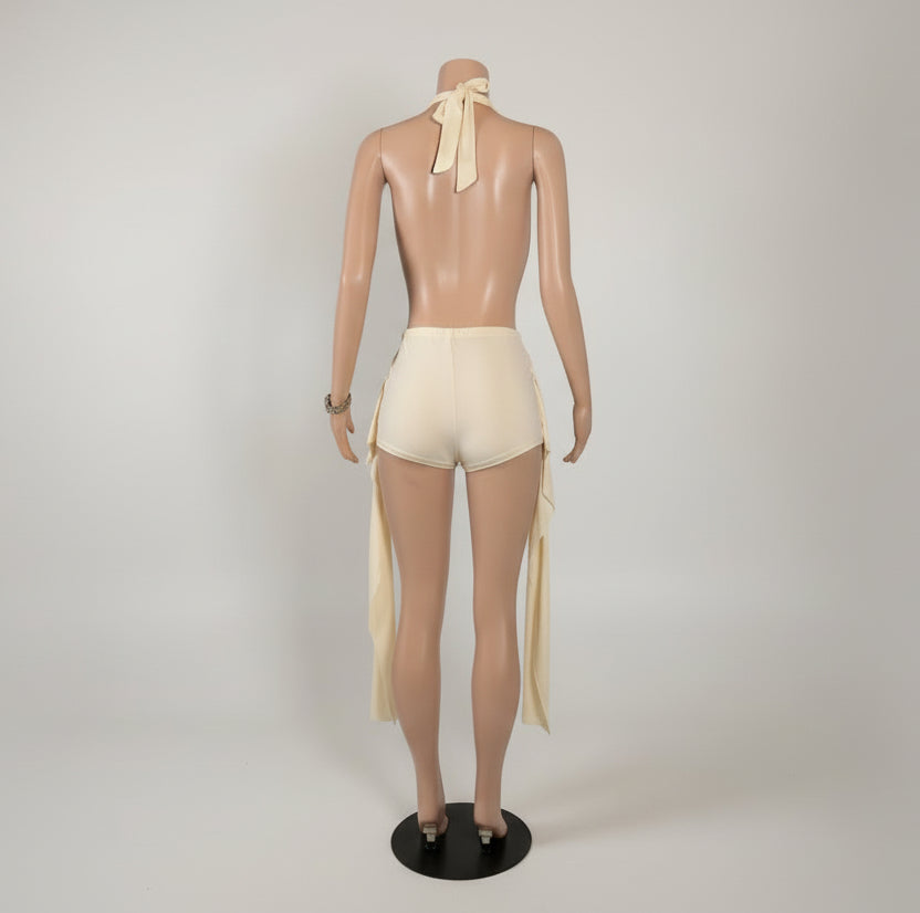 Stacked Backless Halter Ribbons Short Set