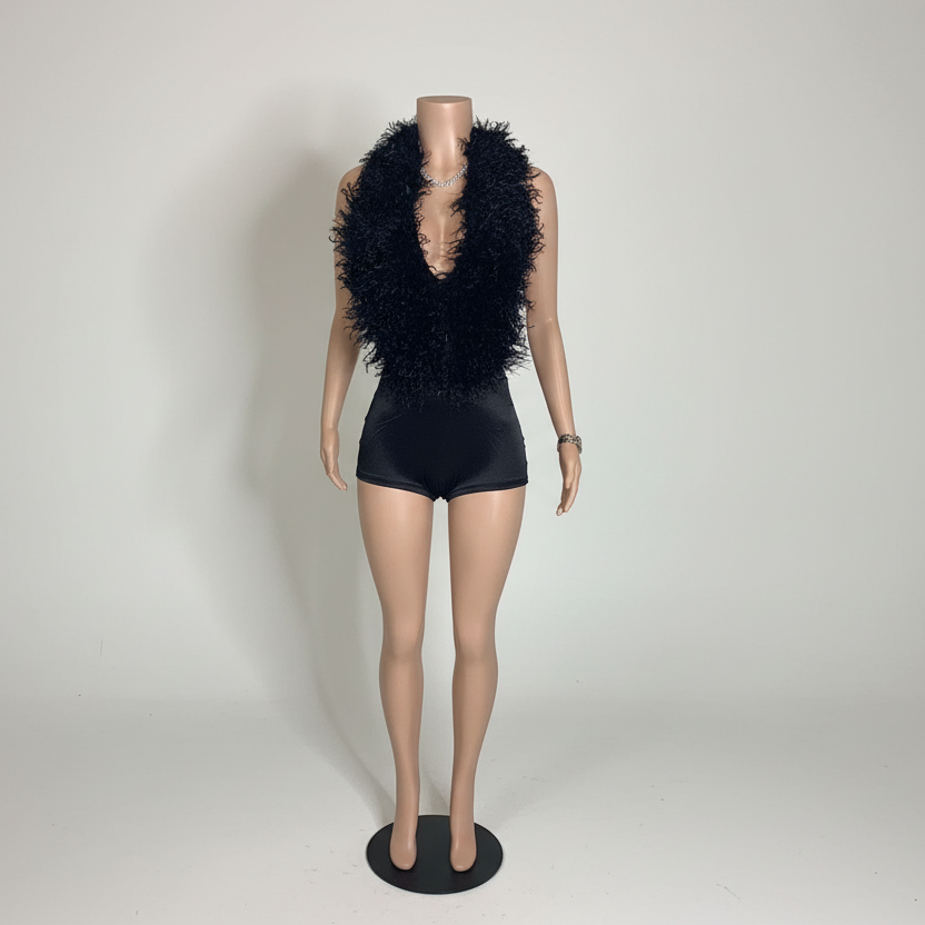 Feather Backless Halter Deep V-Neck Romper
