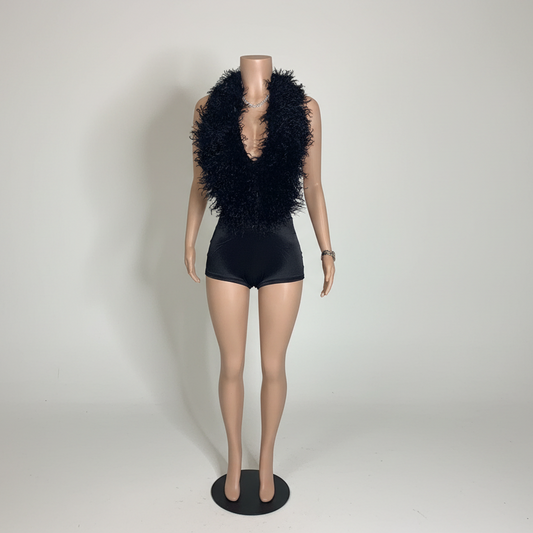Feather Backless Halter Deep V-Neck Romper