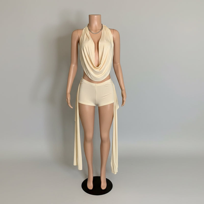 Stacked Backless Halter Ribbons Short Set