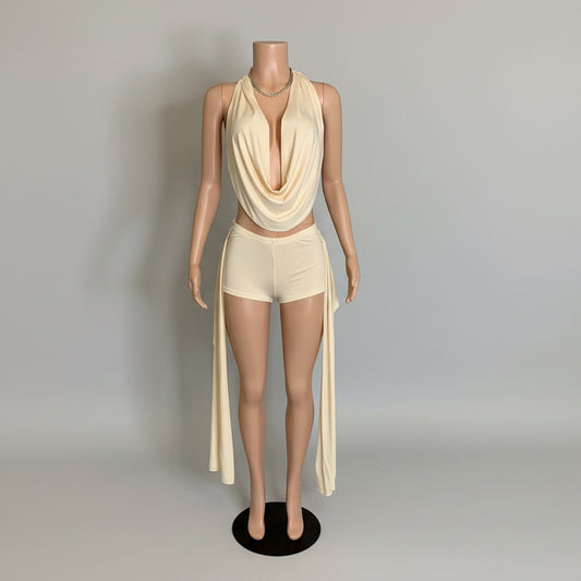 Stacked Backless Halter Ribbons Short Set