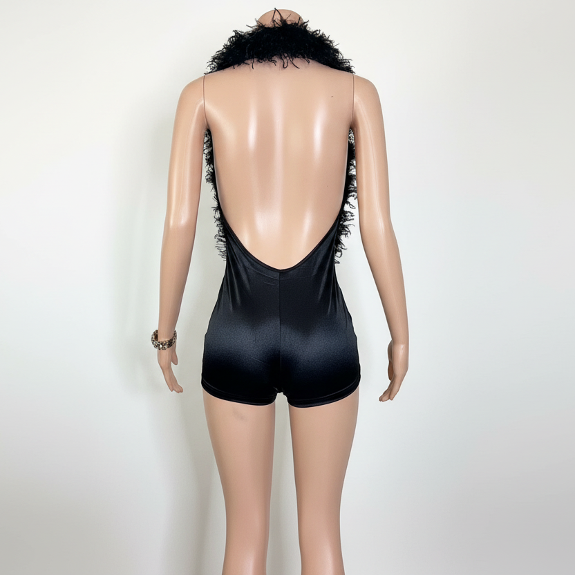 Feather Backless Halter Deep V-Neck Romper