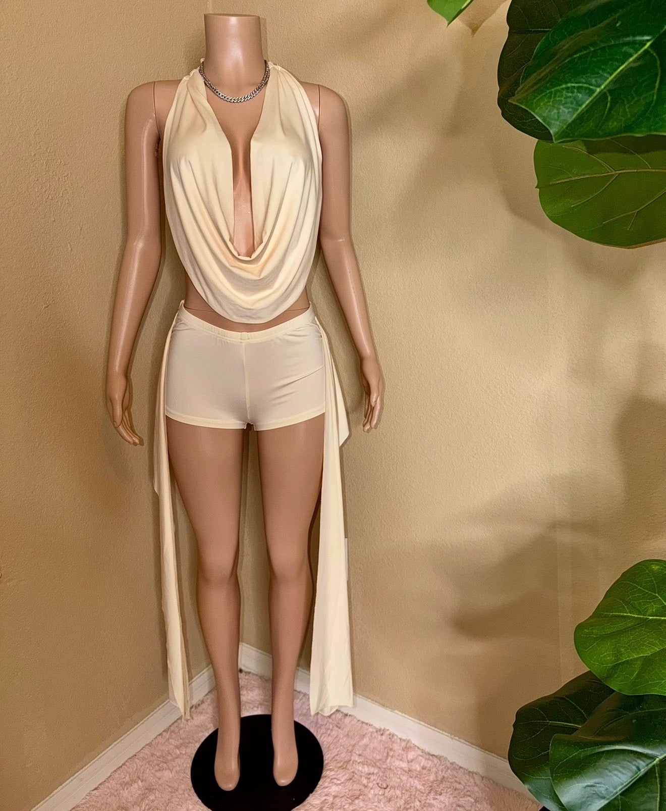 Stacked Backless Halter Ribbons Short Set